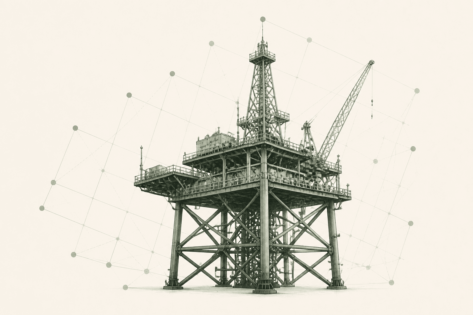 Editorial technical illustration of an offshore jacket platform over a muted engineering grid